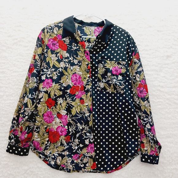 Blouse Size L Floral Dot Mix Maximalist Art Chic Y2K Whimsycore Vacation Office - Picture 2 of 12